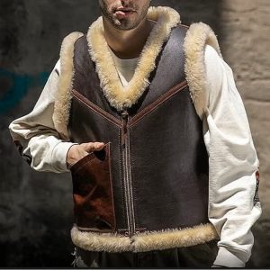 Men's B3 2 Tone Flight Bomber Brown Sleeveless Real Sheepskin Leather Vest