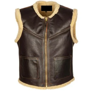 Men's Brown Collarless Sleeveless Real Shearling Vest Genuine Sheepskin Leather Waistcoat