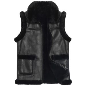 Men's Black Genuine Sheepskin Real Shearling Vest Winter Warm Thick Sleeveless Waistcoat