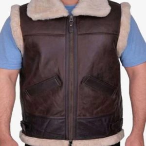 Men's Aviator RAF Bomber Vest Real Fur Shearling Genuine Sheepskin Leather Waistcoat