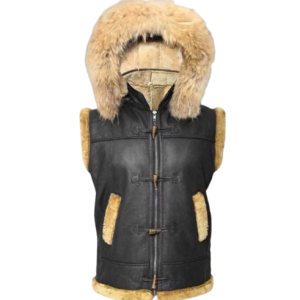 Men's B3 Bomber Fox Fur Detachable Hood Real Shearling Vest Genuine Sheepskin Leather