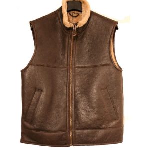 Men's Brown C3 Flight Bomber Real Shearling Genuine Sheepskin Leather Waistcoat